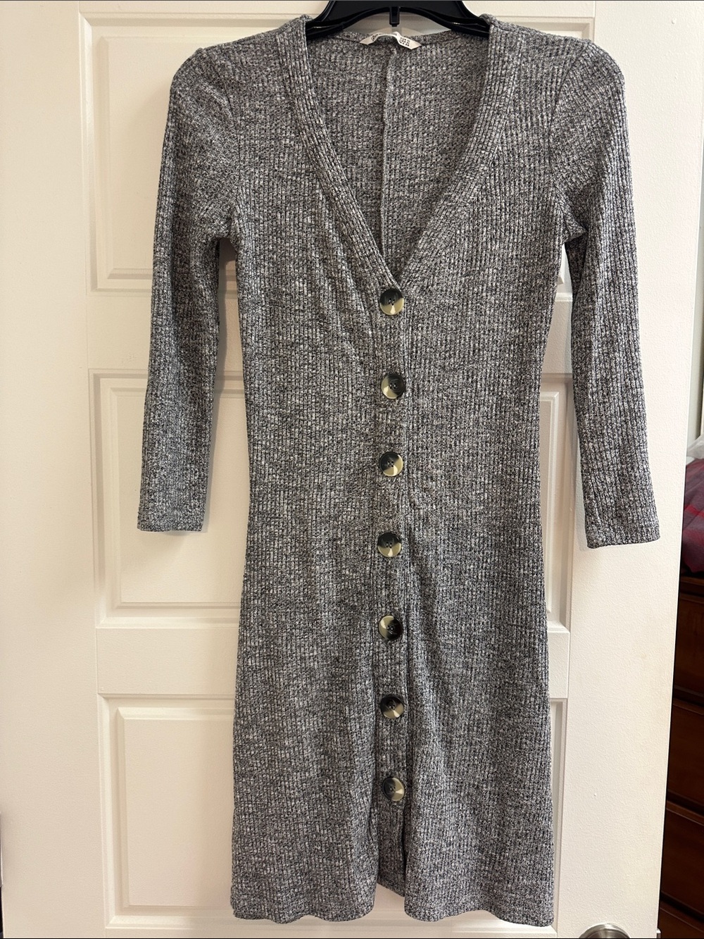 Gray Ribbed Button-Front Knit Dress